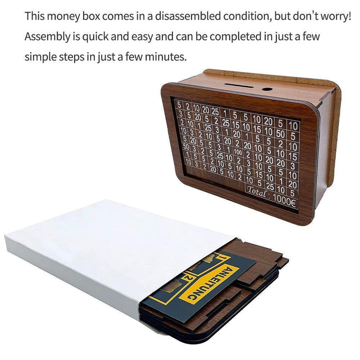 Wooden Savings Money Box with €1,000 Progress Tracker