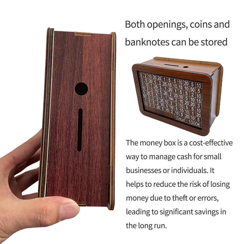 Wooden Savings Money Box with €1,000 Progress Tracker