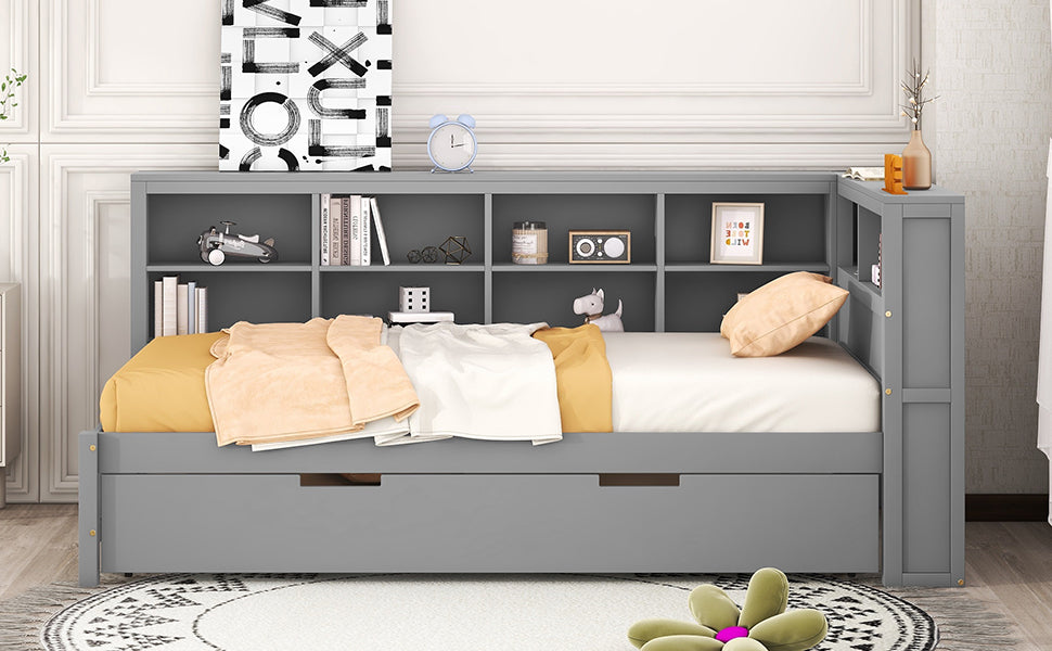 Grey Twin Daybed with Trundle and Bookshelf Headboard