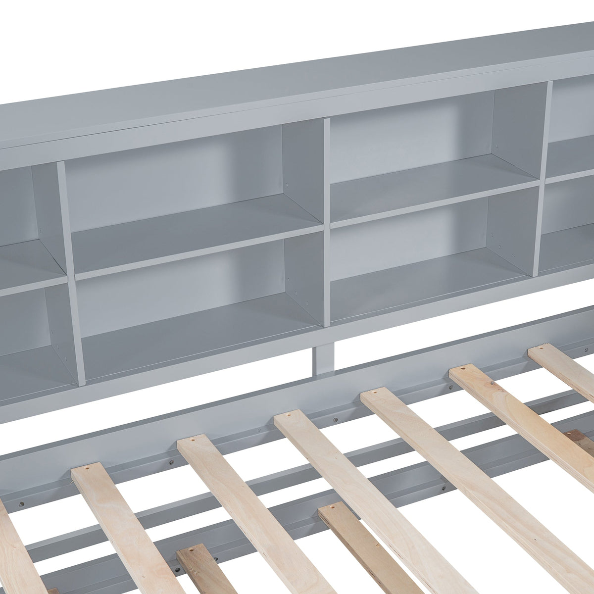 Grey Twin Daybed with Trundle and Bookshelf Headboard