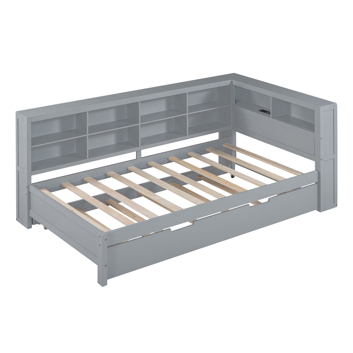 Grey Twin Daybed with Trundle and Bookshelf Headboard