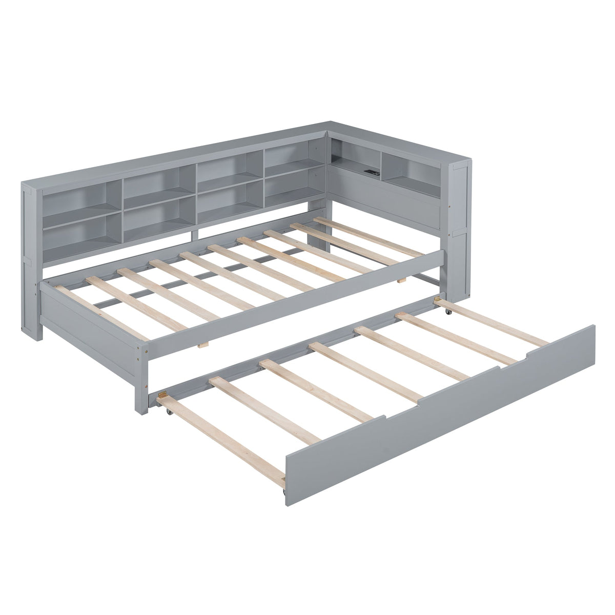 Grey Twin Daybed with Trundle and Bookshelf Headboard