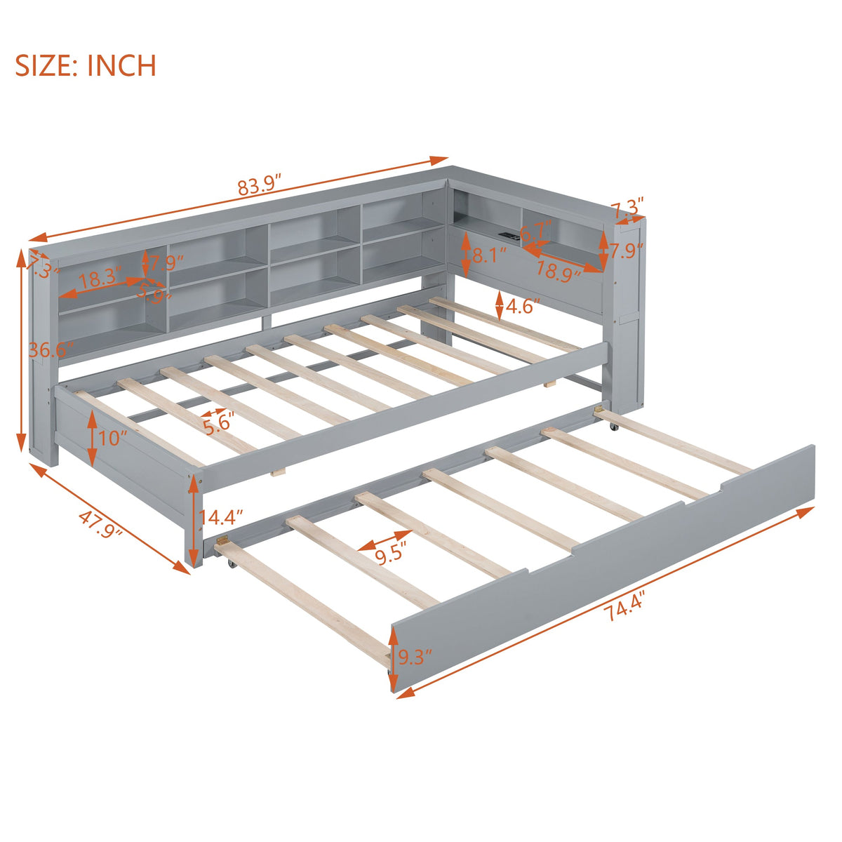 Grey Twin Daybed with Trundle and Bookshelf Headboard