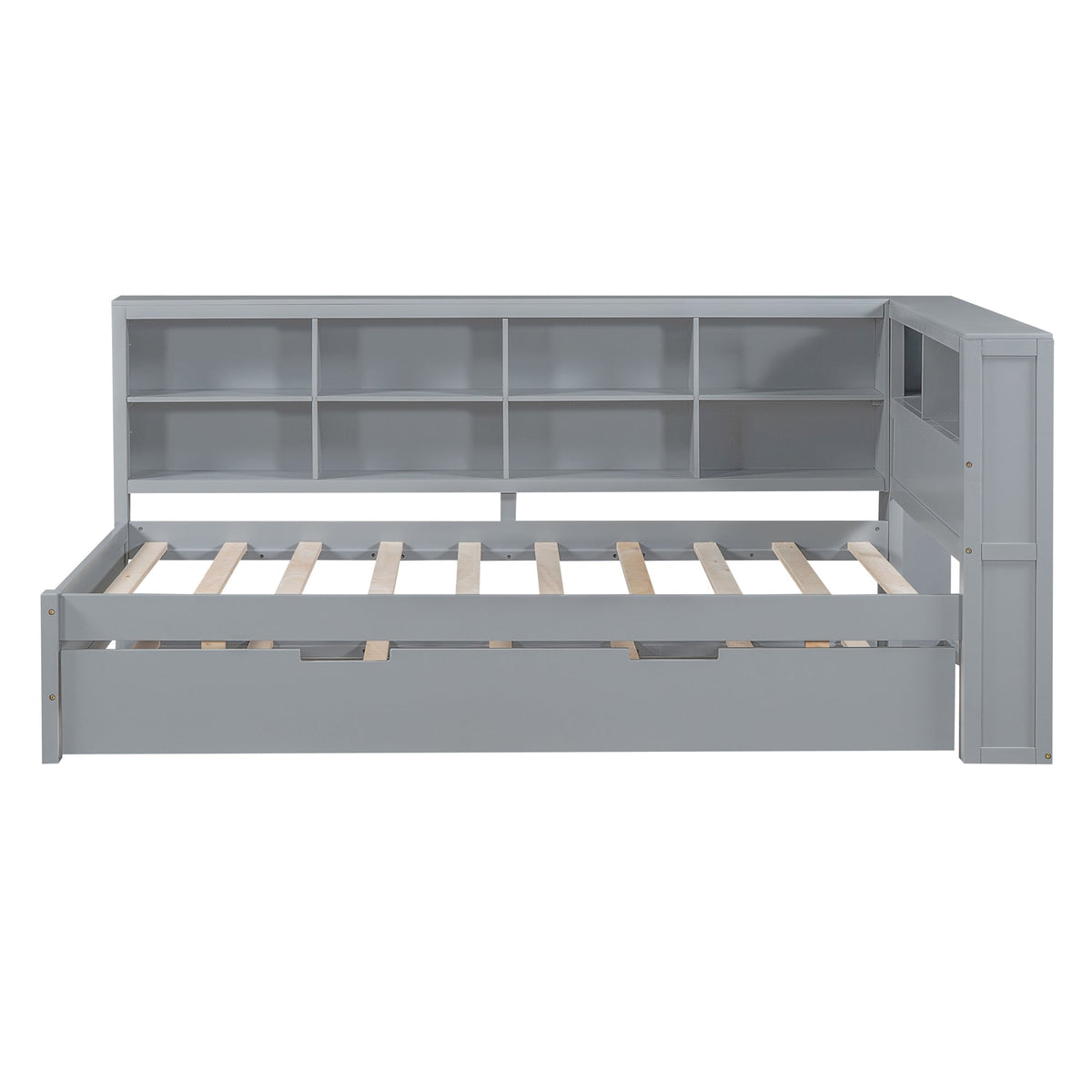 Grey Twin Daybed with Trundle and Bookshelf Headboard