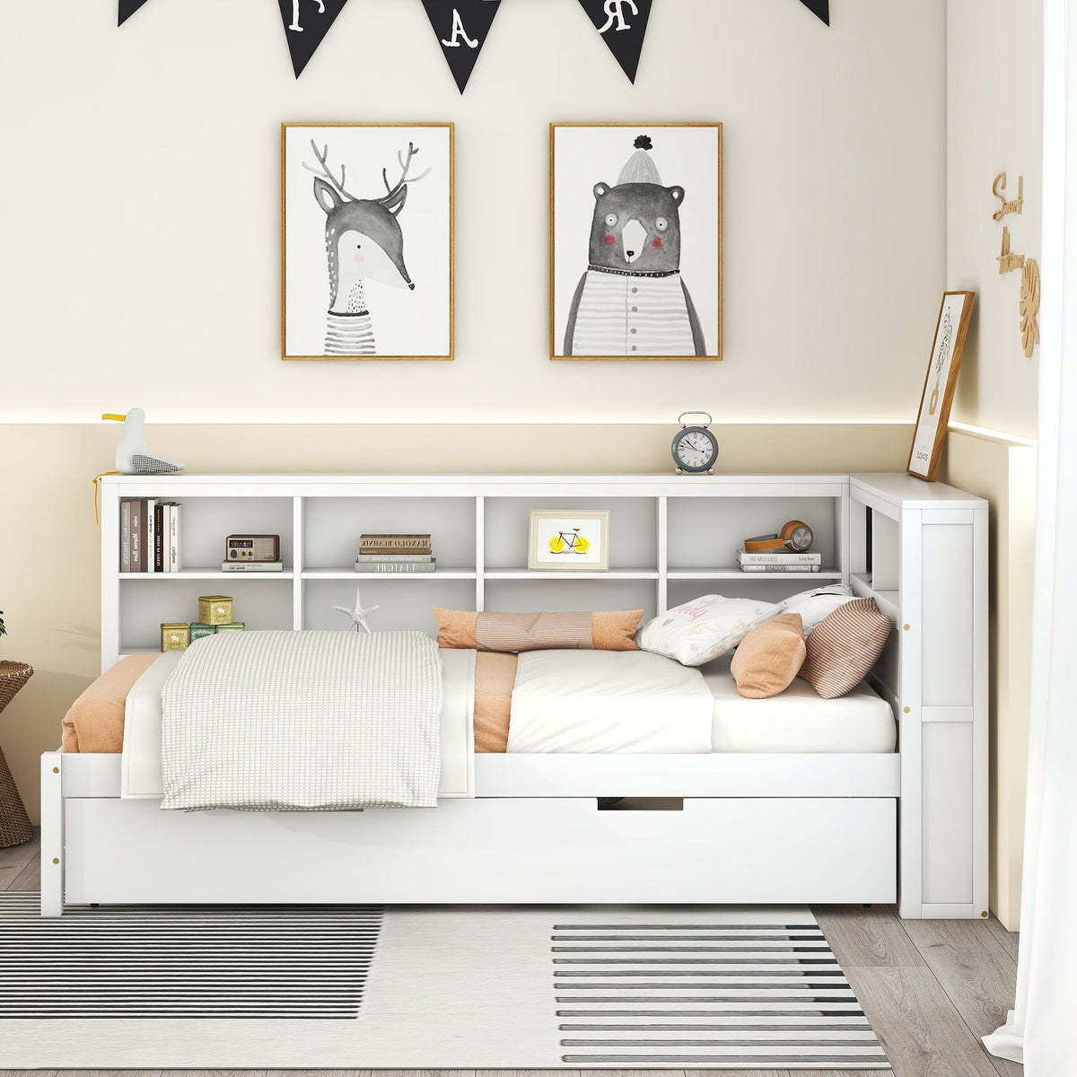 White Wood Twin Daybed with Trundle and USB Charging