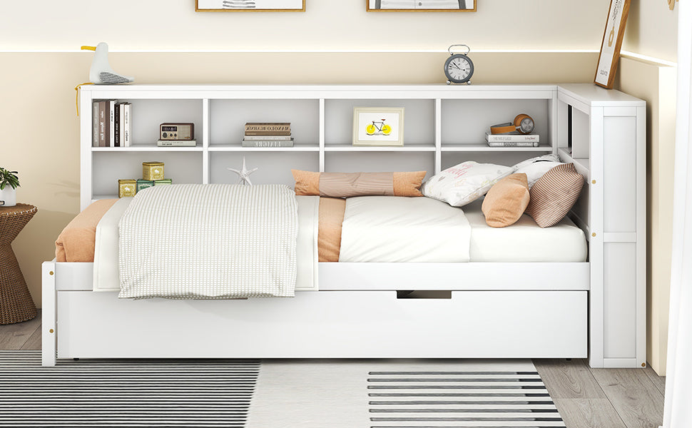 White Wood Twin Daybed with Trundle and USB Charging