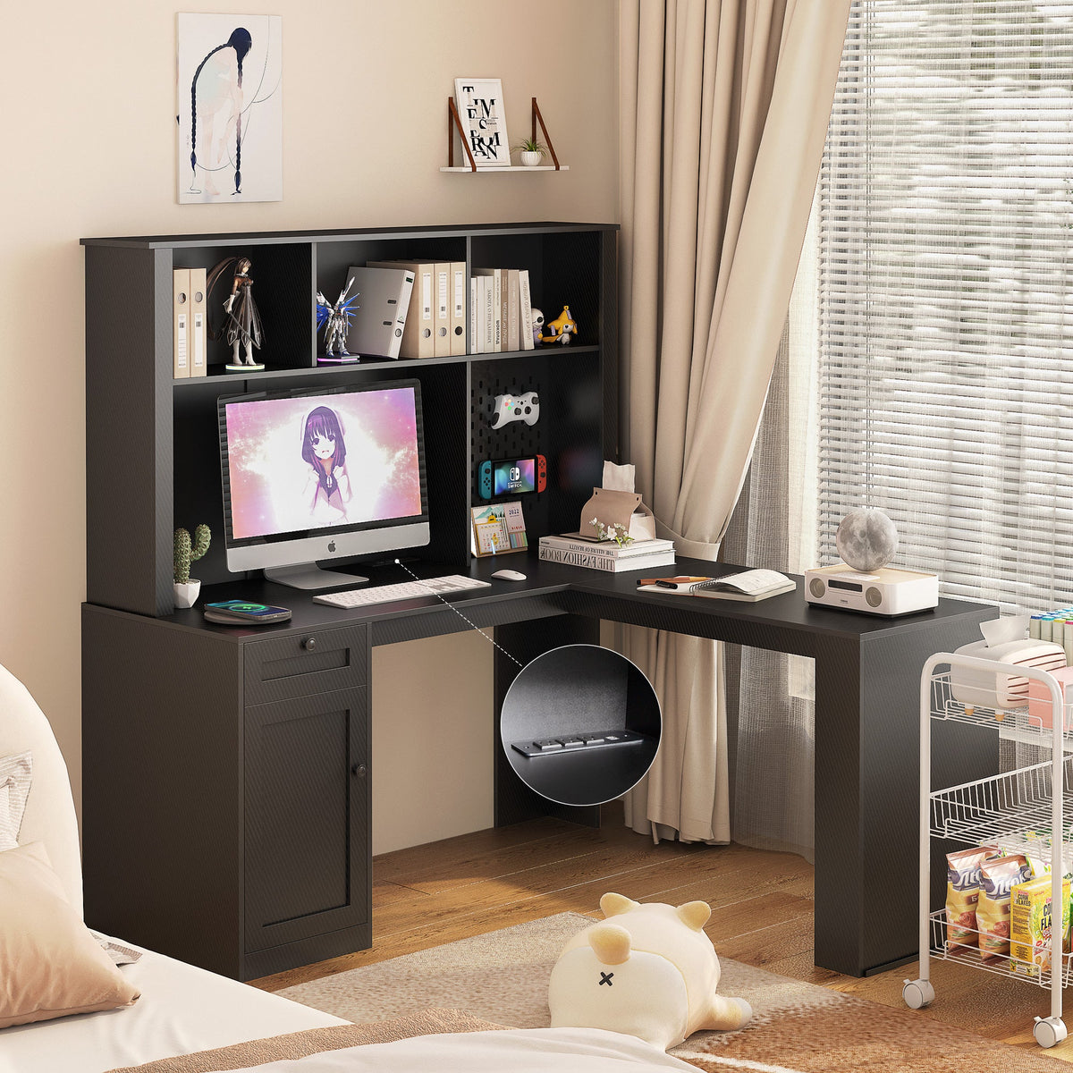 L-Shaped Corner Desk with Hutch and Built-In Charging