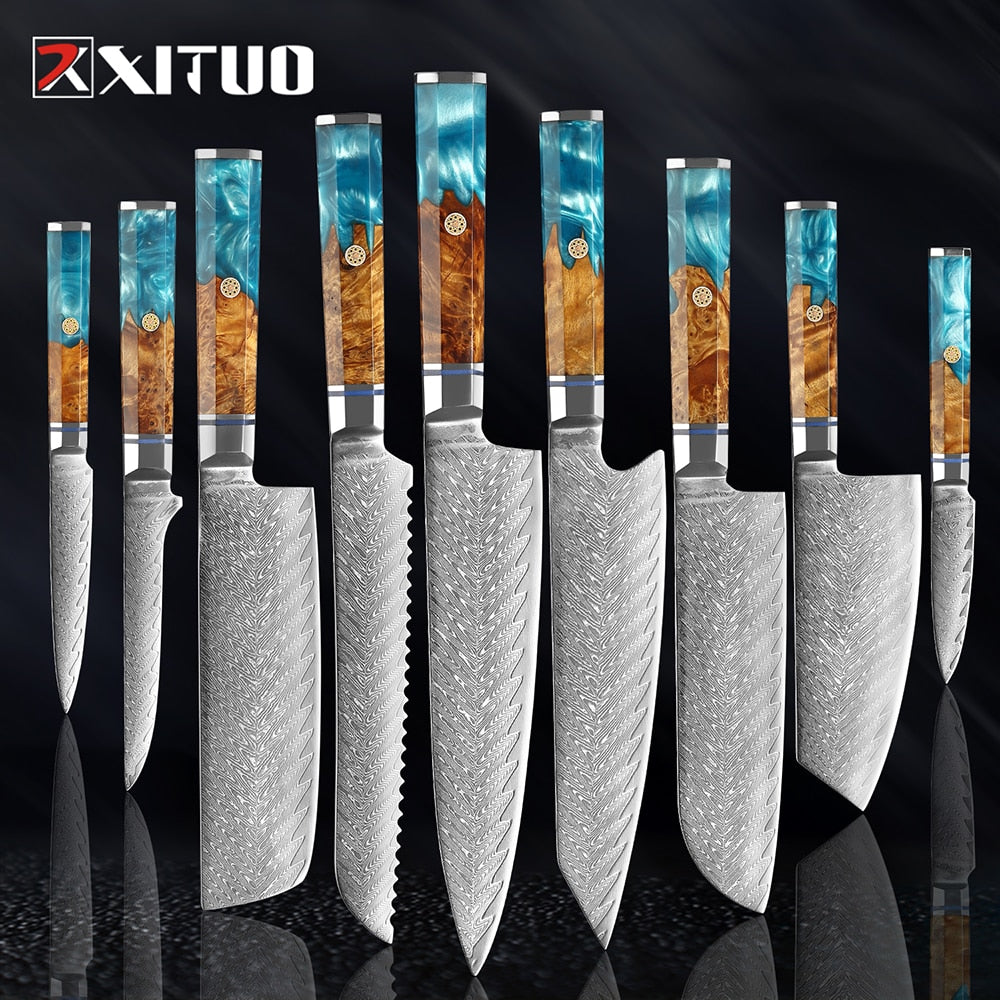 Damascus Chef Knife Set 9 Pieces for Every Kitchen Task