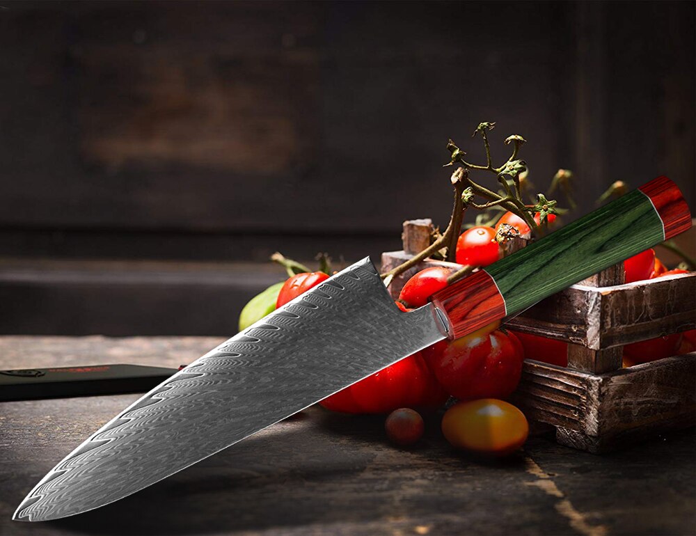 Damascus Chef Knife with VG10 Steel and Pakka Handle
