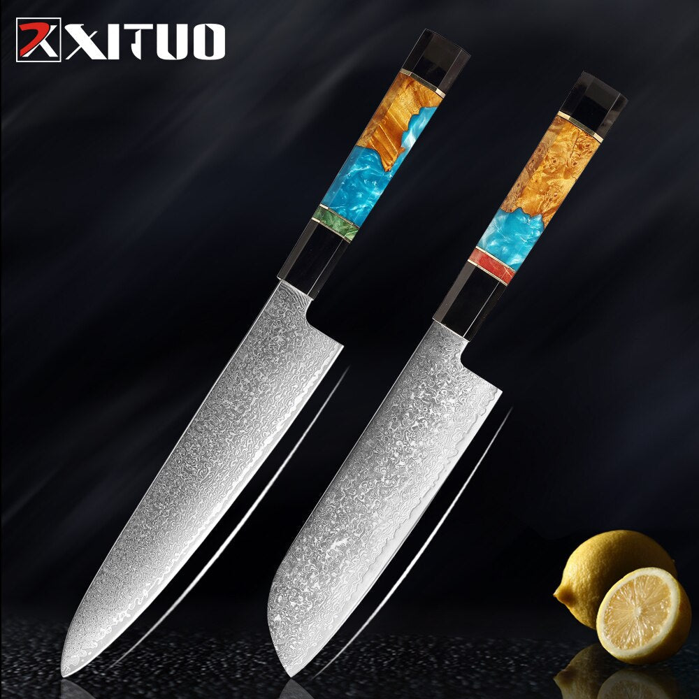 Damascus Chef Knife Set 6-Piece with Resin Handles