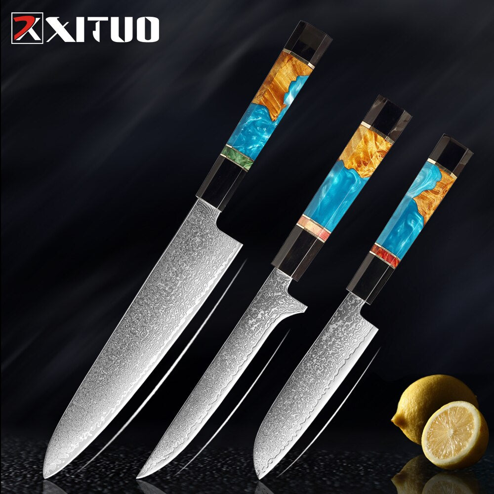 Damascus Chef Knife Set 6-Piece with Resin Handles