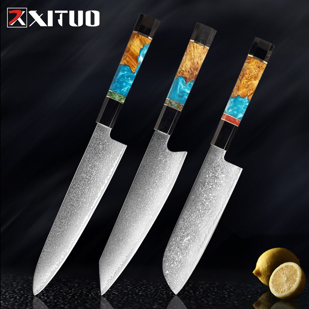 Damascus Chef Knife Set 6-Piece with Resin Handles