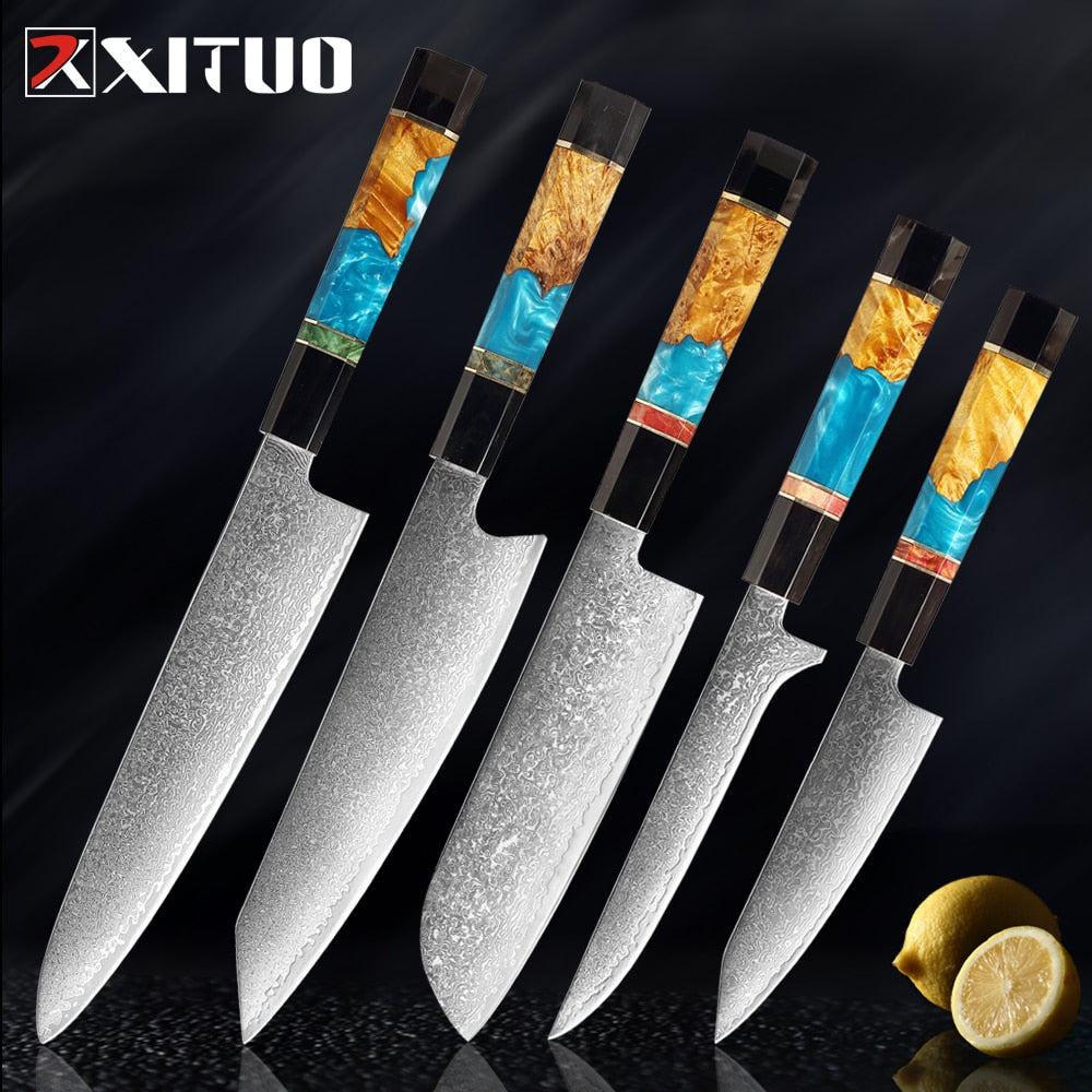 6-Piece Damascus Steel Kitchen Knife Set, Sharp V-Edge