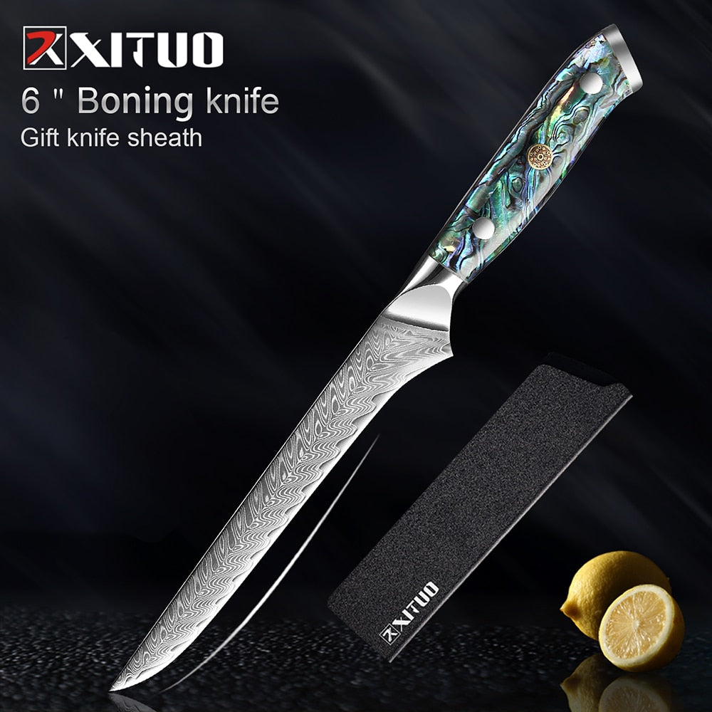 Damascus Steel Knife Set with Abalone Shell Handles