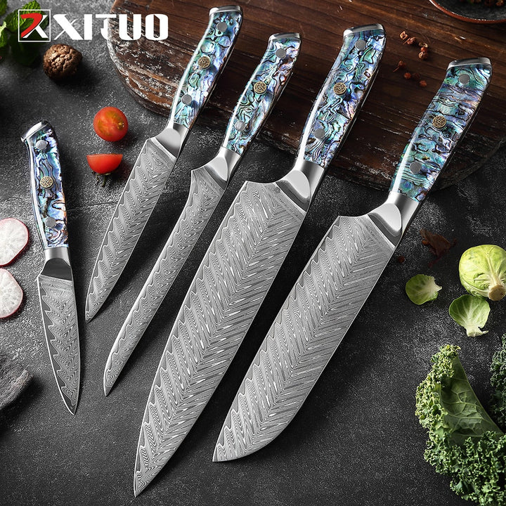 Damascus Steel Knife Set with Abalone Shell Handles