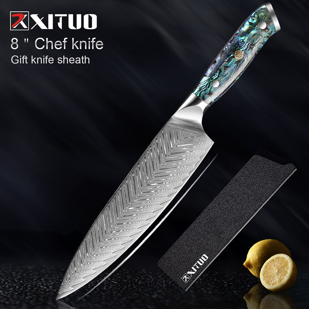 Damascus Steel Knife Set with Abalone Shell Handles