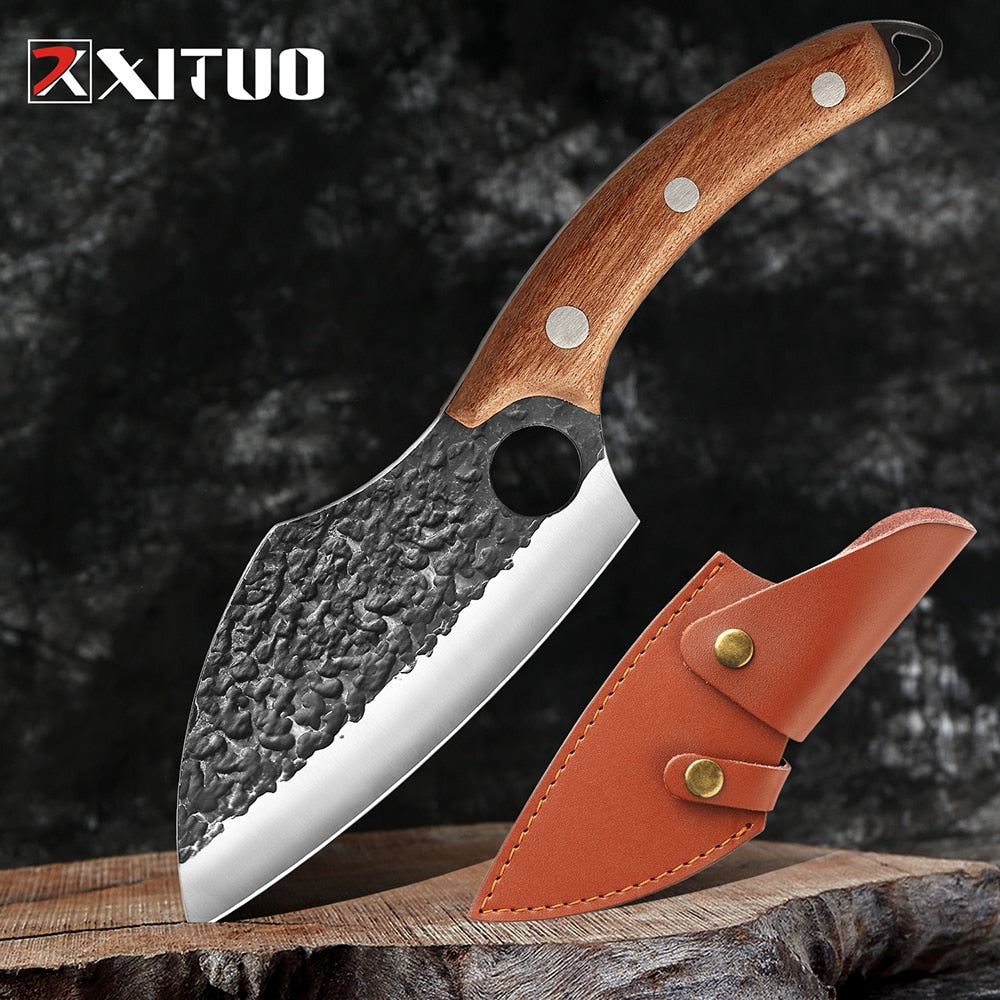Hand-Forged Carbon Steel Boning Knife with Leather Sheath