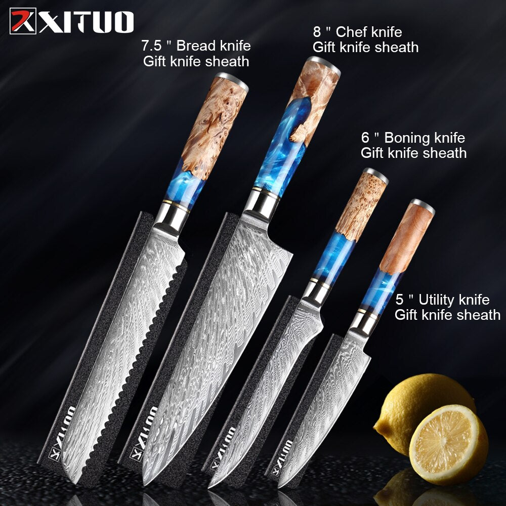 Damascus Steel Knife Set 7-Piece with Blue Resin Handles