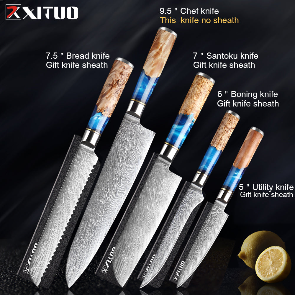 Damascus Steel Knife Set 7-Piece with Blue Resin Handles