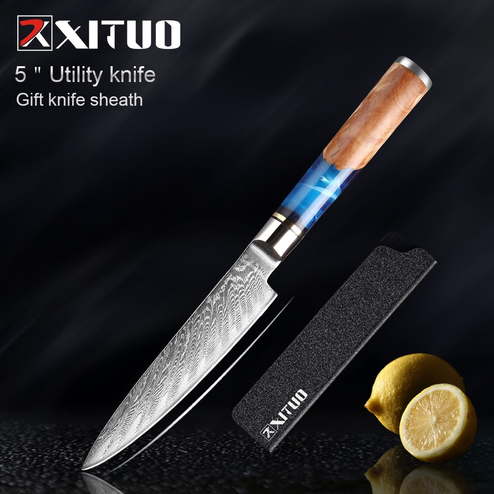 Damascus Steel Knife Set 7-Piece with Blue Resin Handles