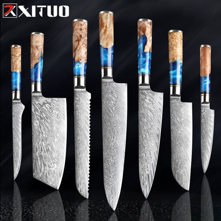 Damascus Steel Knife Set 7-Piece with Blue Resin Handles