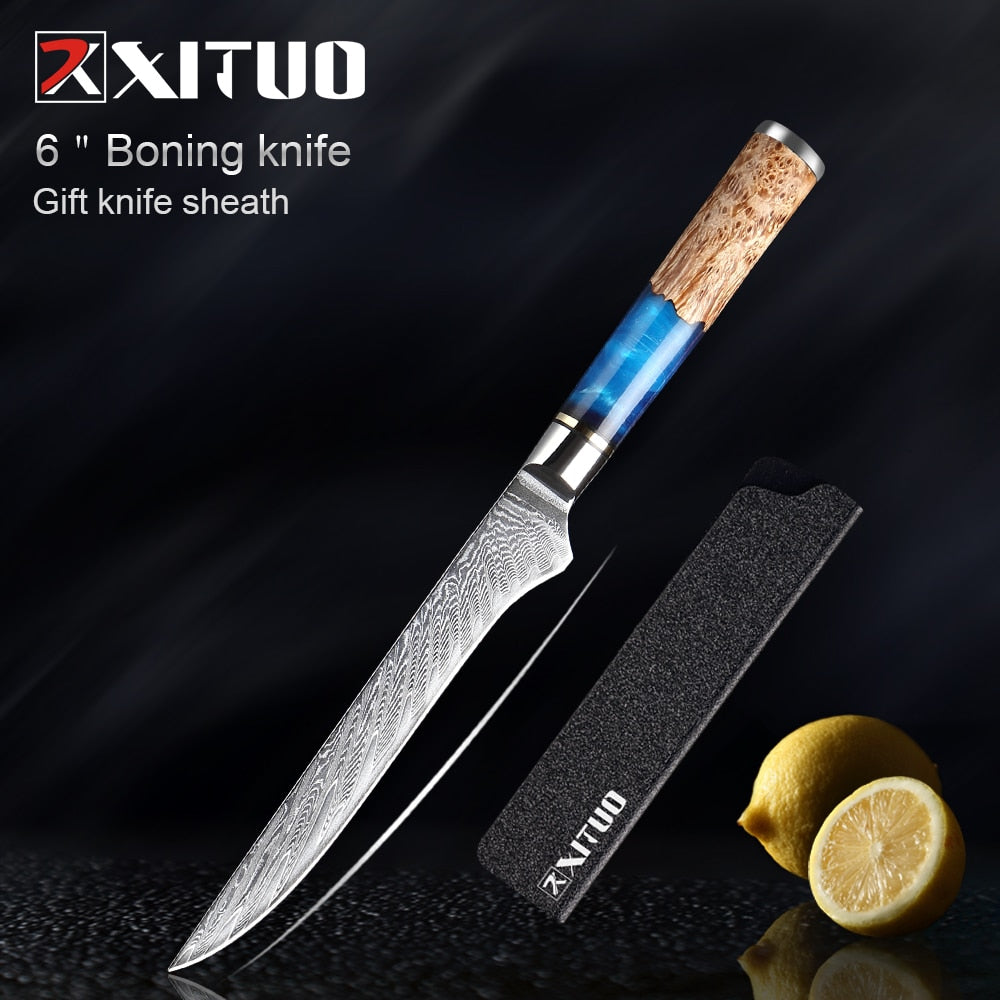 Damascus Steel Knife Set 7-Piece with Blue Resin Handles