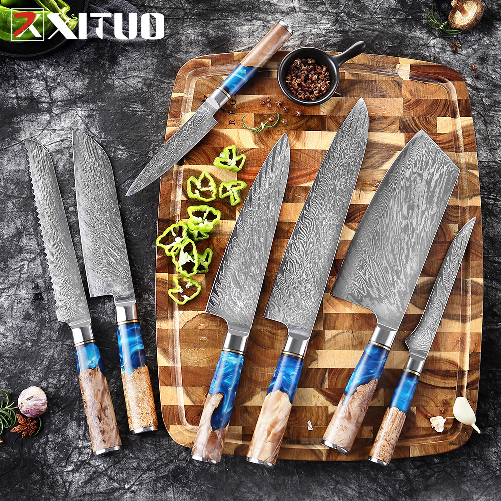 Damascus Steel Knife Set 7-Piece with Blue Resin Handles