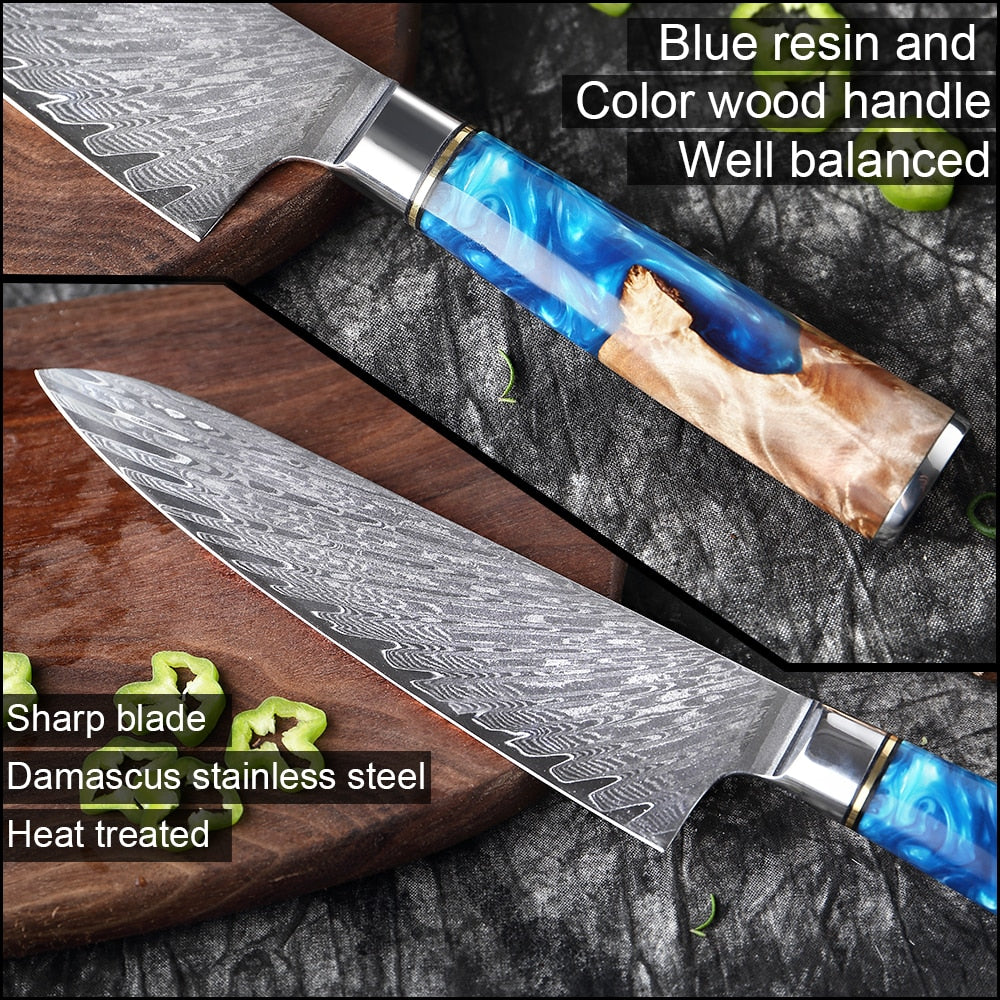 Damascus Steel Knife Set 7-Piece with Blue Resin Handles