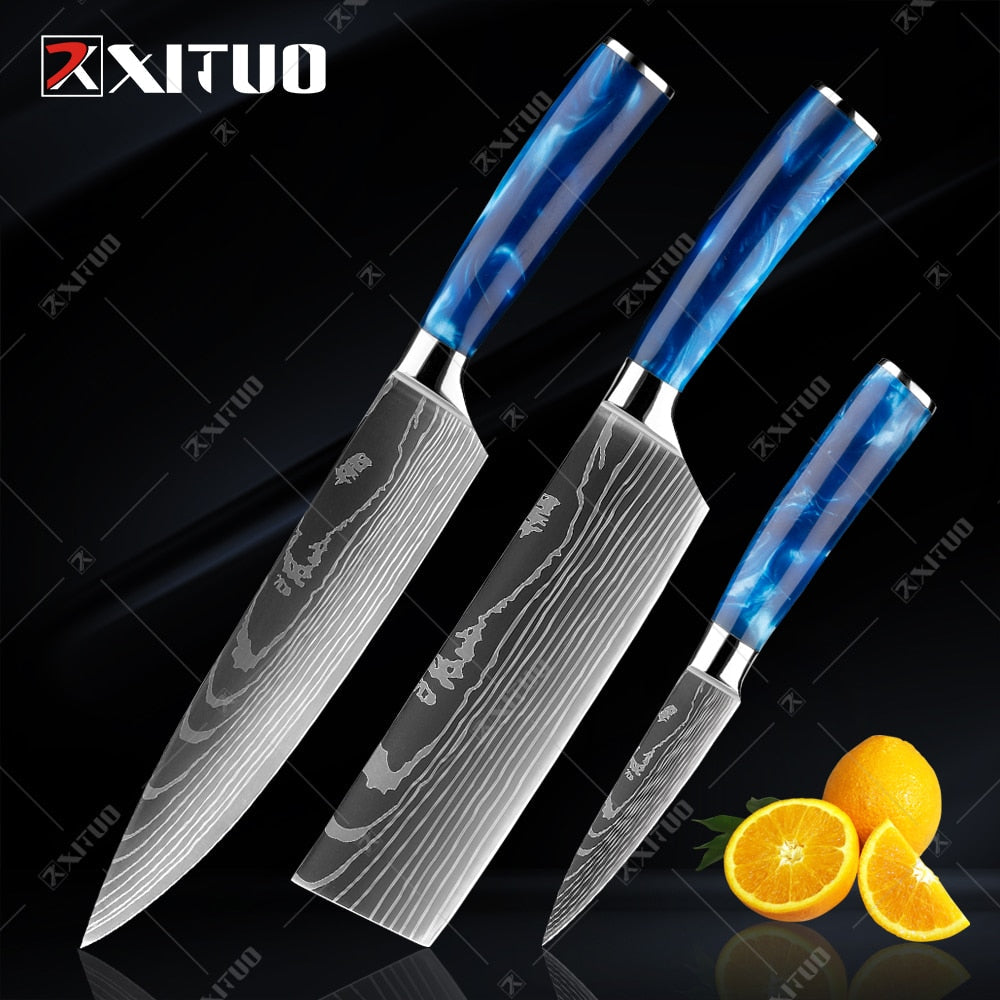 10-Piece Laser Damascus Knife Set, Blue Resin Handles