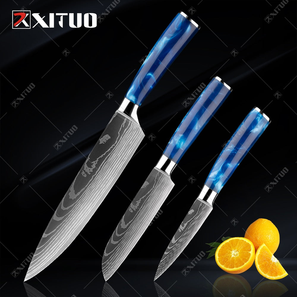 10-Piece Laser Damascus Knife Set, Blue Resin Handles