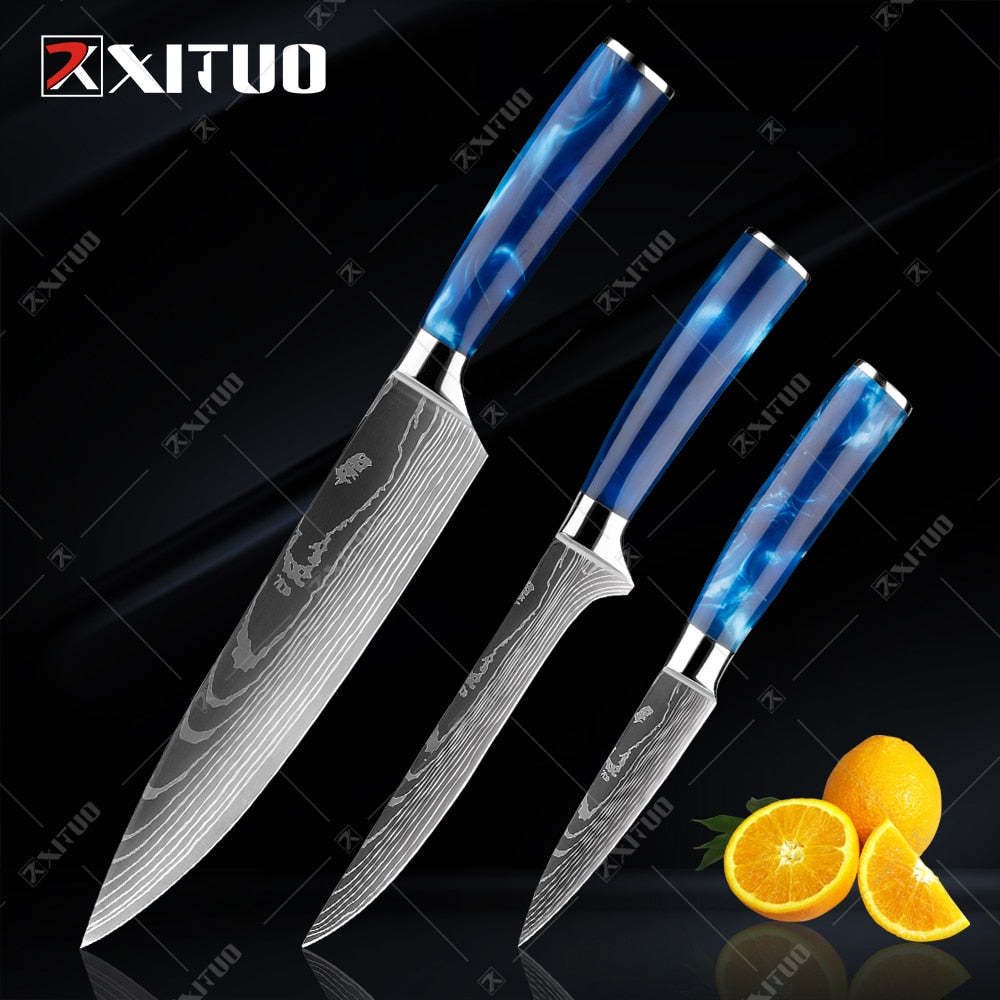 10-Piece Laser Damascus Knife Set, Blue Resin Handles