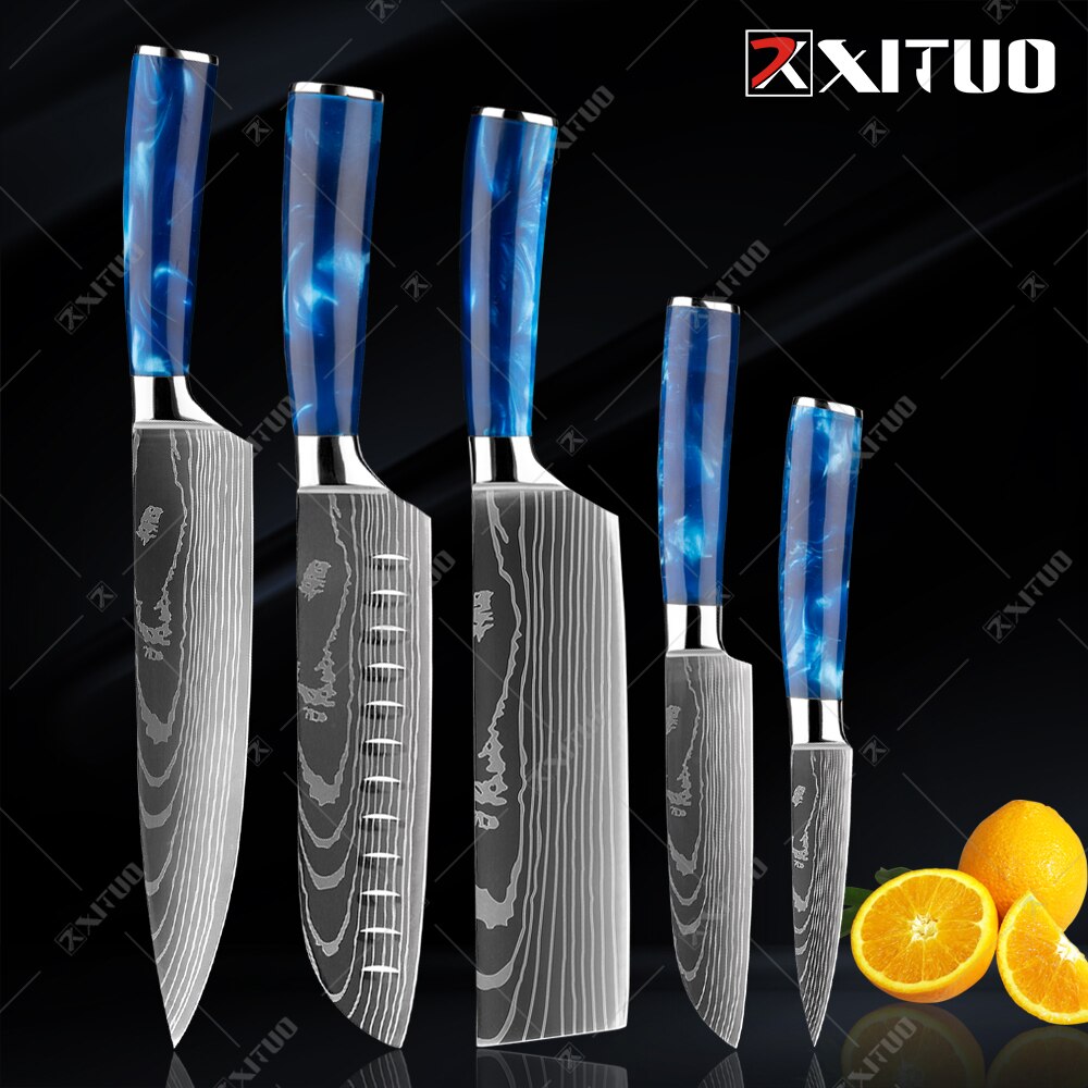 10-Piece Laser Damascus Knife Set, Blue Resin Handles