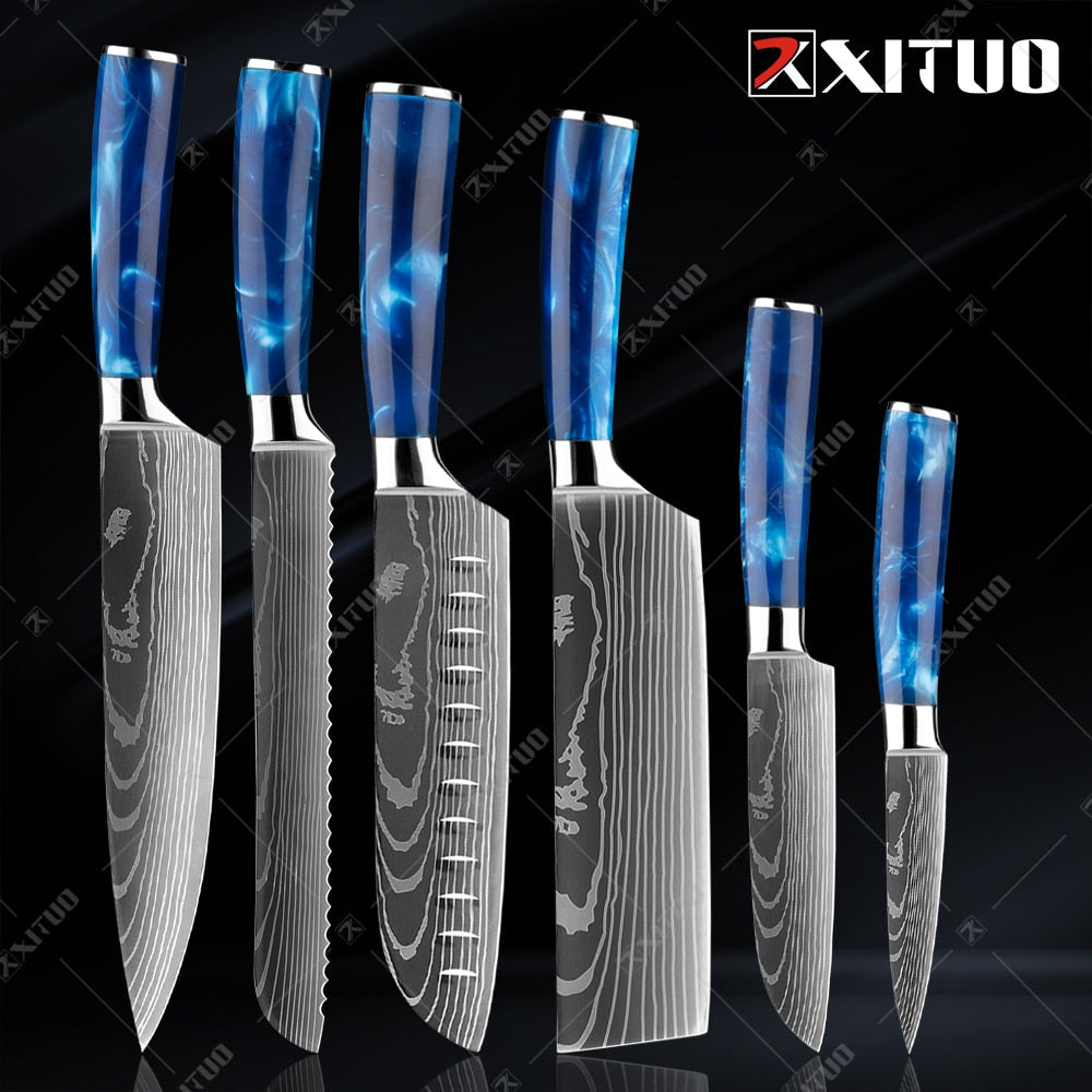 10-Piece Laser Damascus Knife Set, Blue Resin Handles