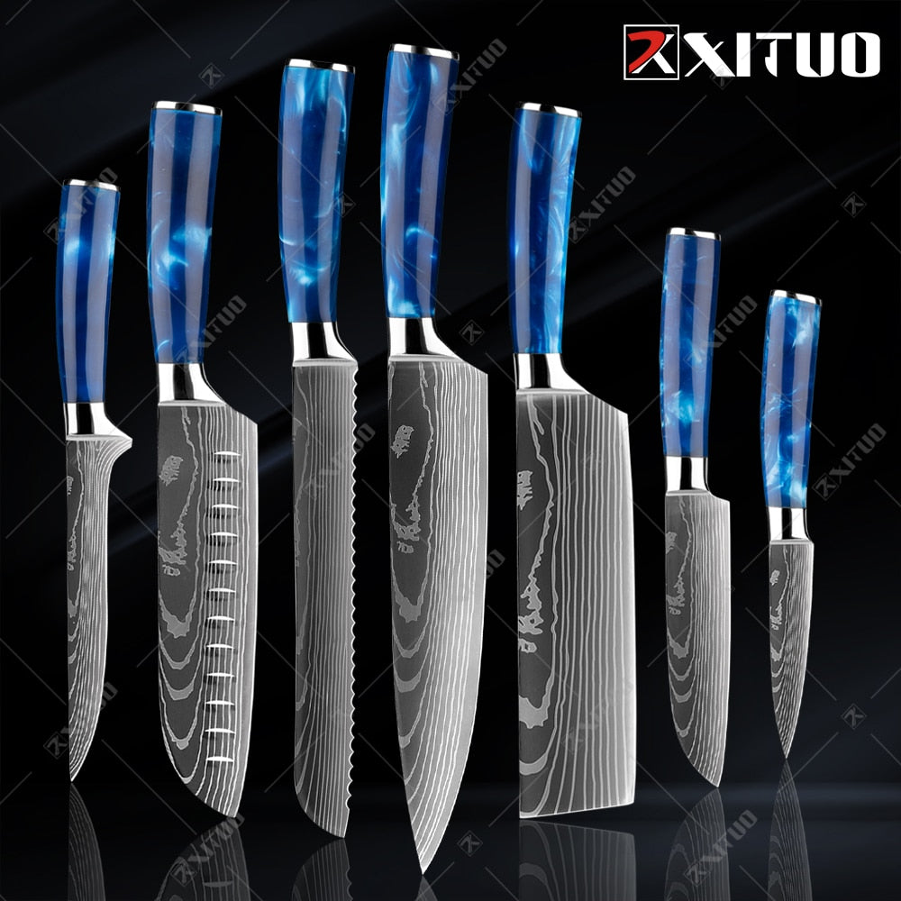 10-Piece Laser Damascus Knife Set, Blue Resin Handles