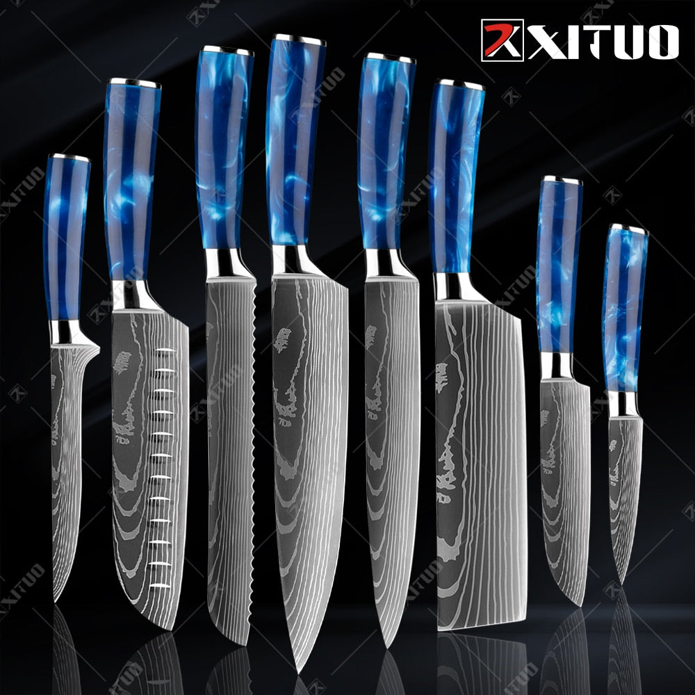 10-Piece Laser Damascus Knife Set, Blue Resin Handles