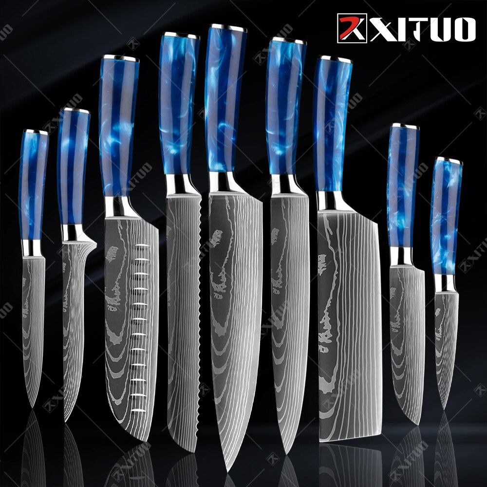 10-Piece Laser Damascus Knife Set, Blue Resin Handles