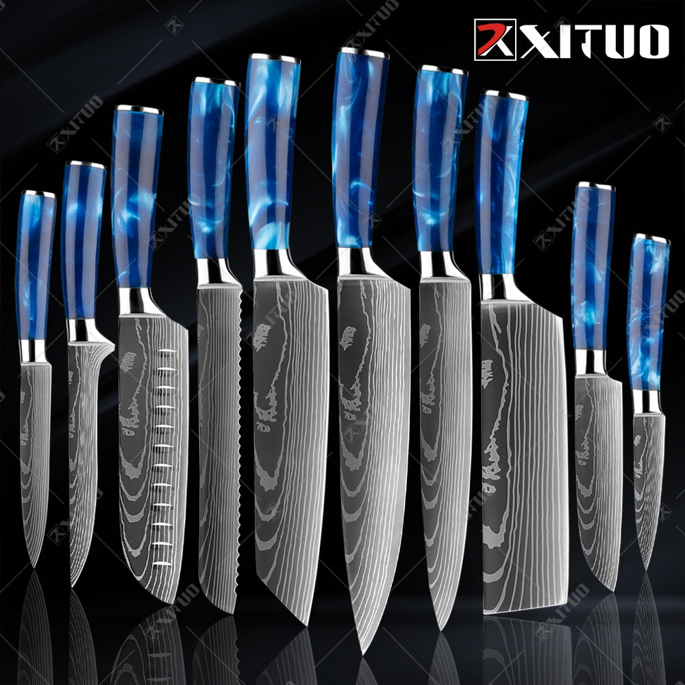 10-Piece Laser Damascus Knife Set, Blue Resin Handles