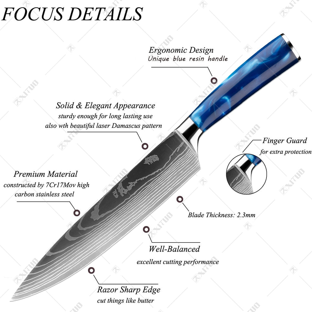 10-Piece Laser Damascus Knife Set, Blue Resin Handles