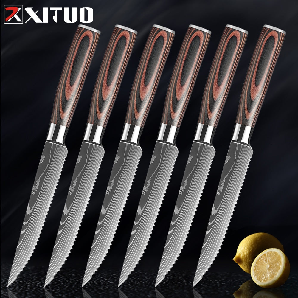 Serrated Steak Knife Set, Sharp 7CR17 Stainless Blades