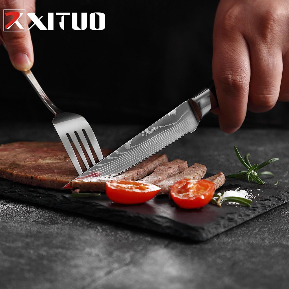 Serrated Steak Knife Set, Sharp 7CR17 Stainless Blades