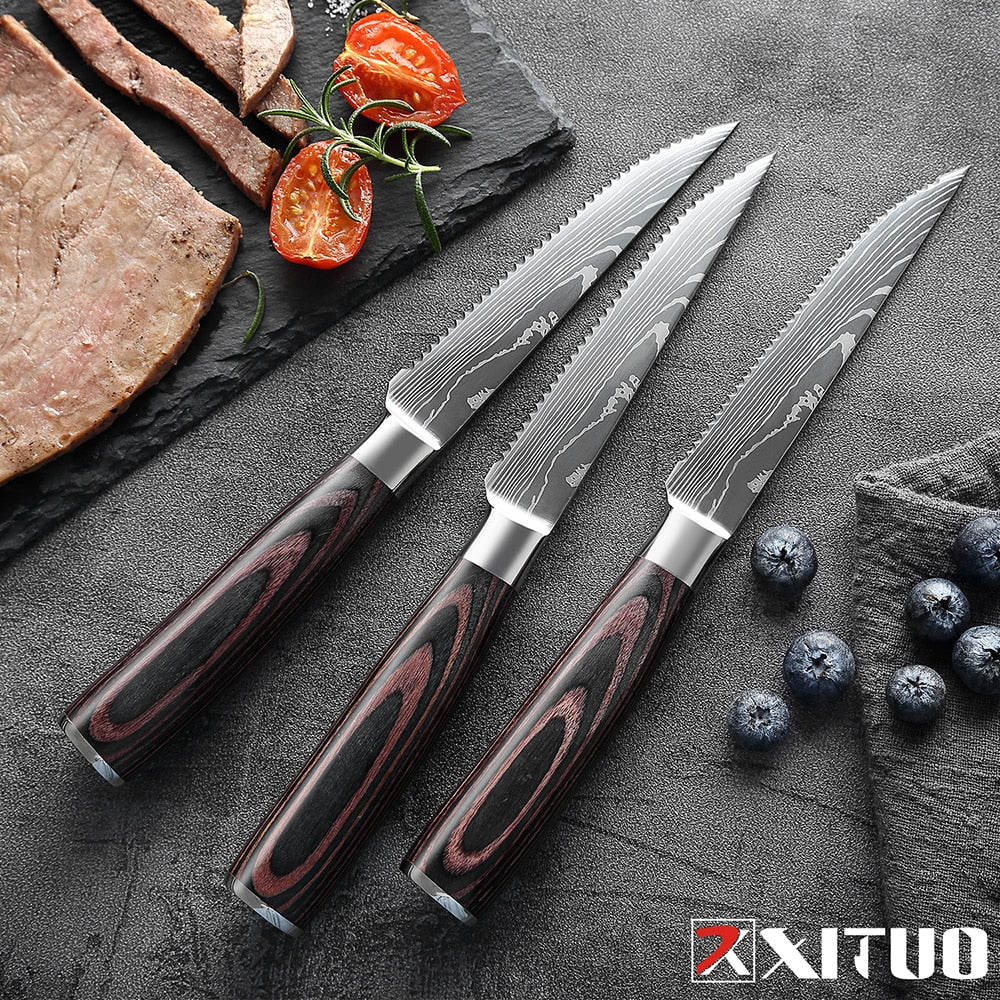 Serrated Steak Knife Set, Sharp 7CR17 Stainless Blades
