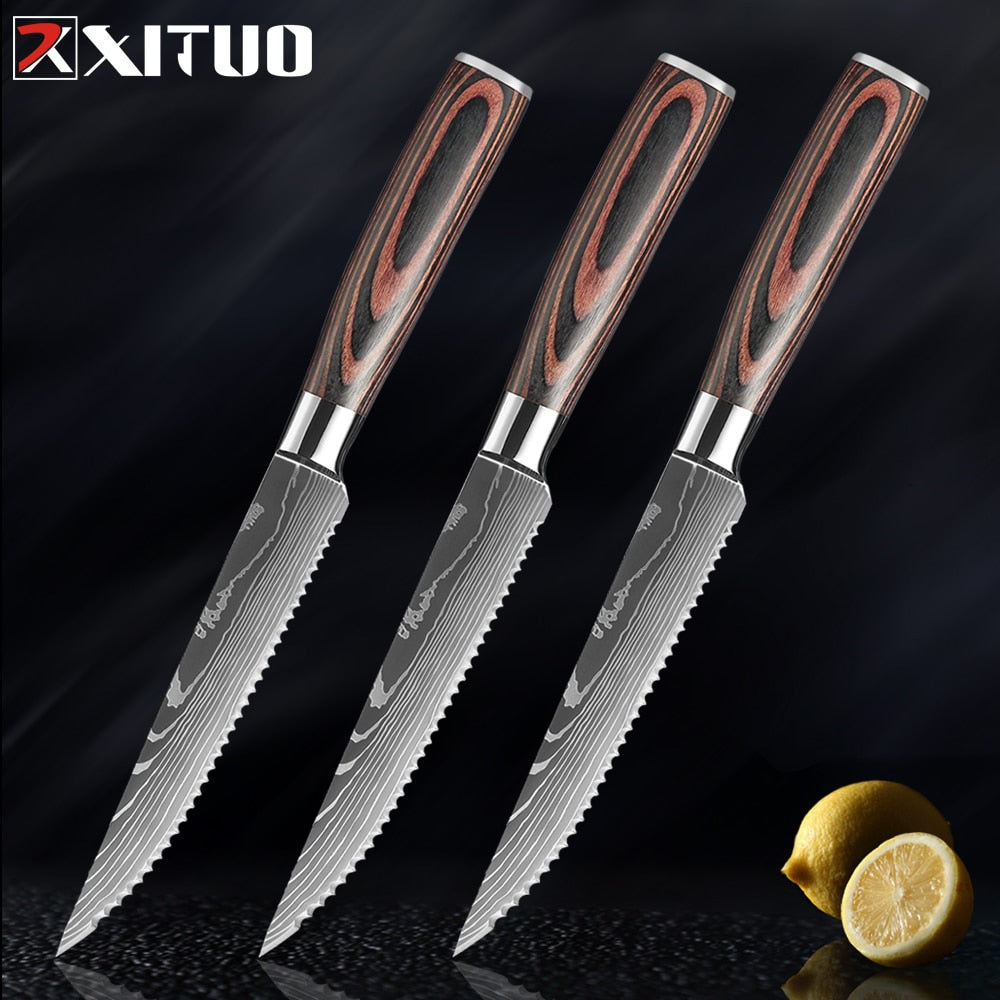 Serrated Steak Knife Set, Sharp 7CR17 Stainless Blades