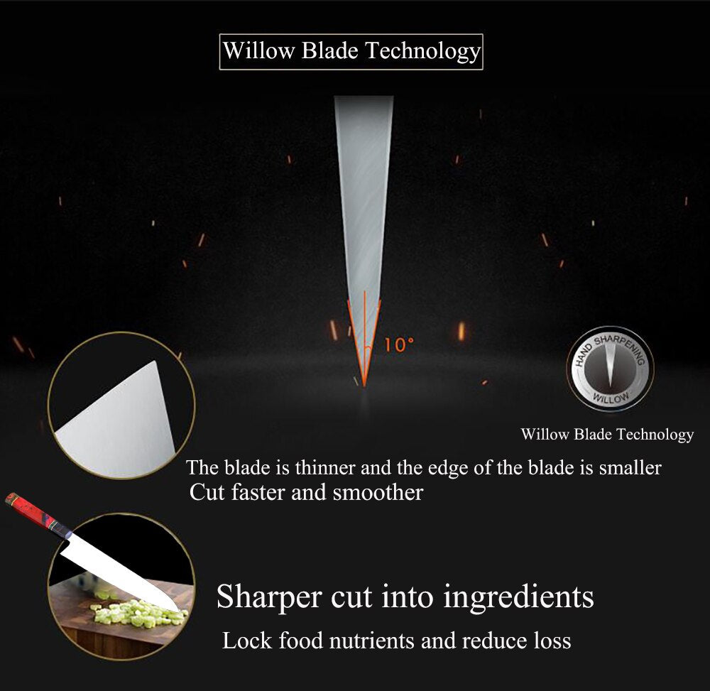 Japanese VG10 Chef Knife, Razor-Sharp Willow Edge Blade