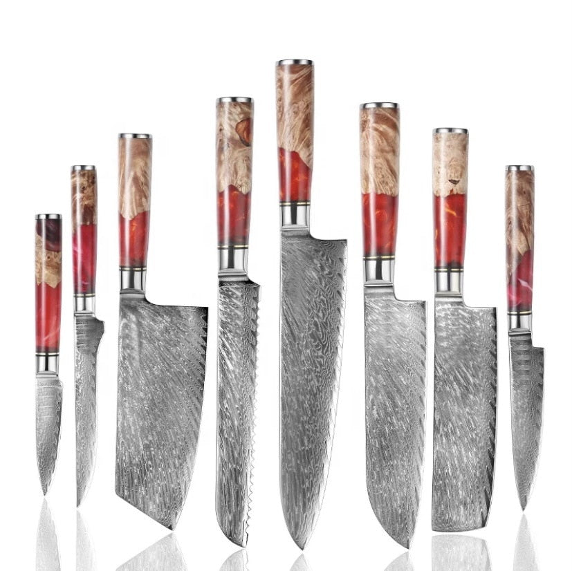8-Piece Damascus Kitchen Knife Set with Blue Resin Handles