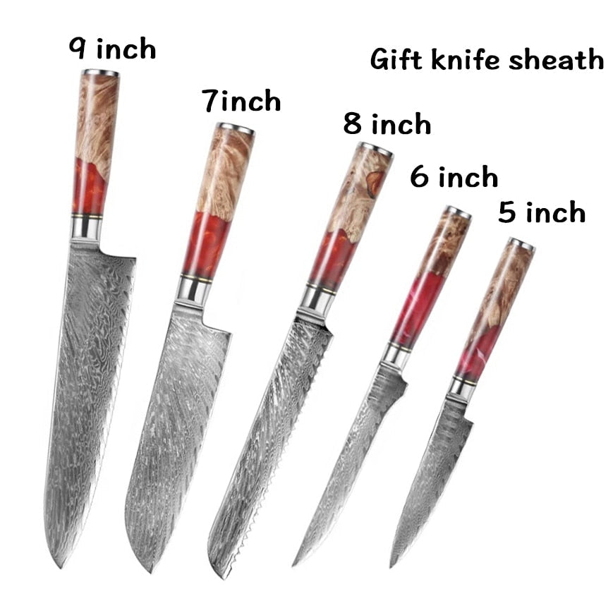 8-Piece Damascus Kitchen Knife Set with Blue Resin Handles
