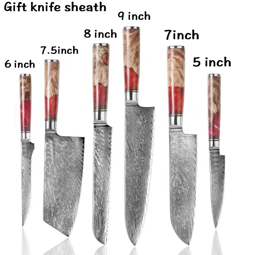 8-Piece Damascus Kitchen Knife Set with Blue Resin Handles