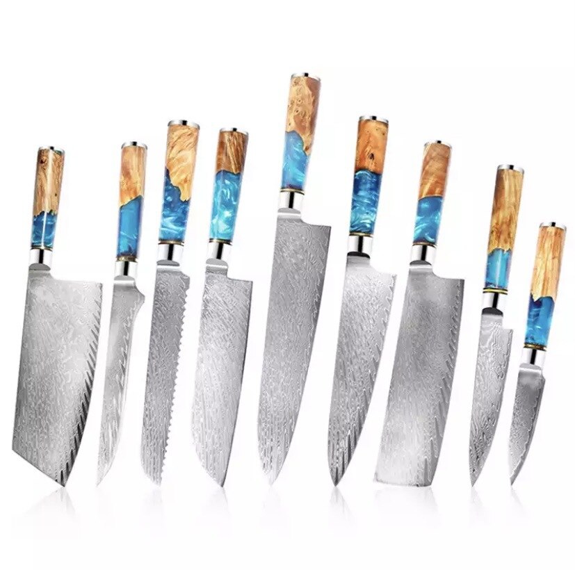 8-Piece Damascus Kitchen Knife Set with Blue Resin Handles