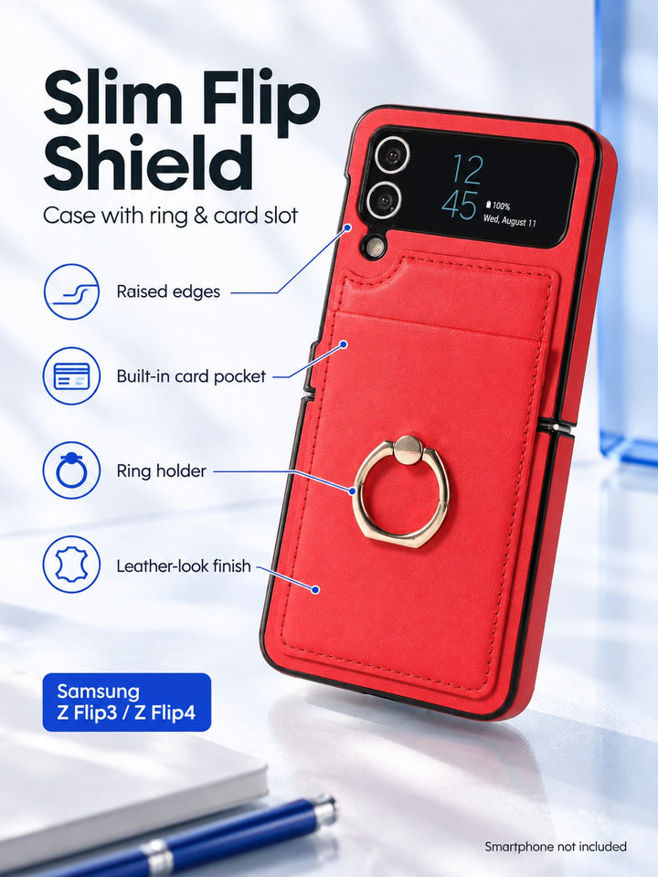 Z Flip 4 Leather Case with Ring Holder and Card Slot