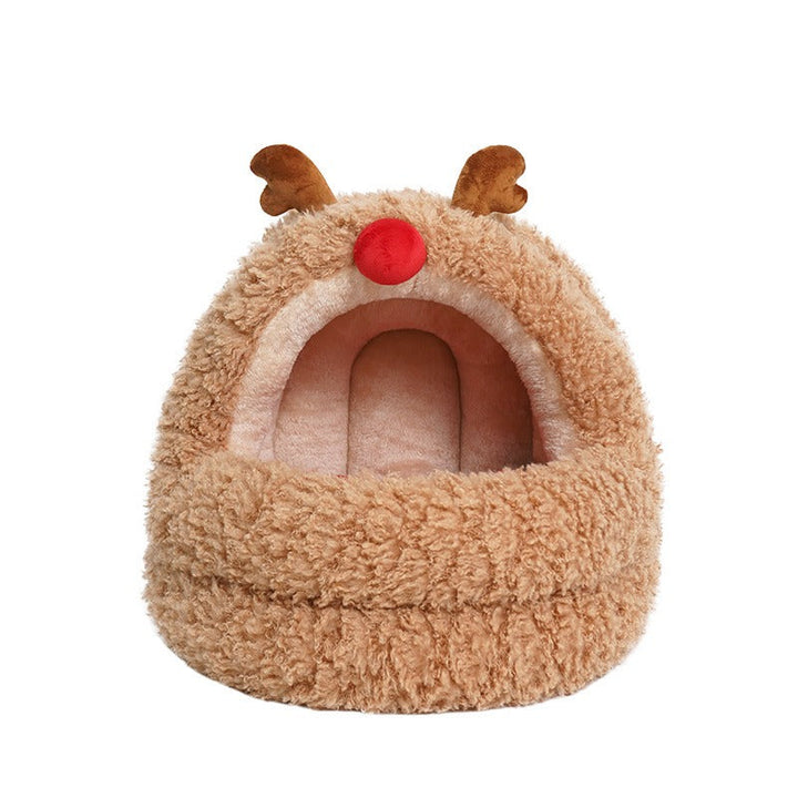 Reindeer Cat Nest: Spacious Plush Winter Hideaway Bed